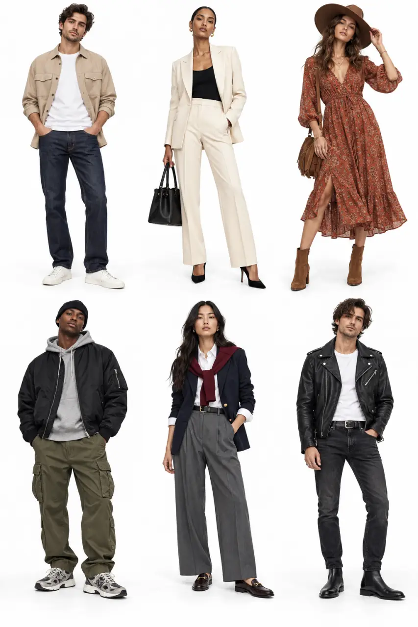 Les principaux styles vestimentaires casual, chic, bohème, streetwear, preppy et rock