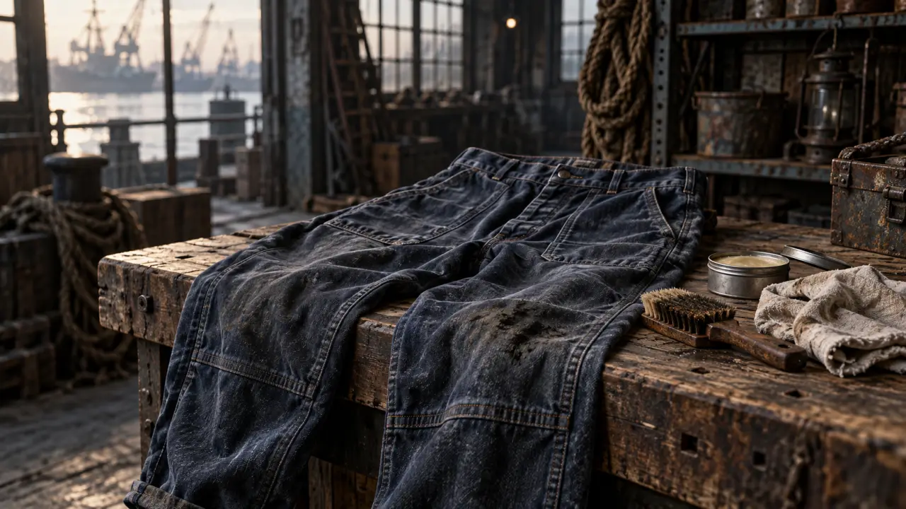 Pantalon de chantier en toile épaisse taché de graisse dans un atelier
