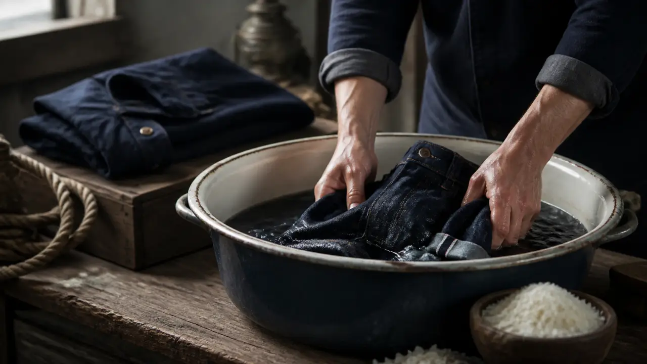 Jean denim brut suspendu dans une salle de bain lumineuse et carrelée, avec vapeur légère