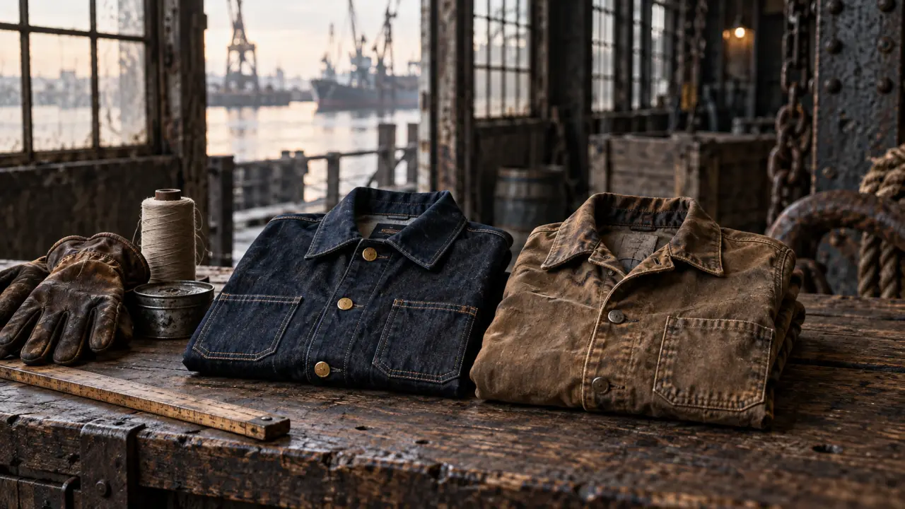 Veste workwear neuve en toile épaisse dans un hangar industriel