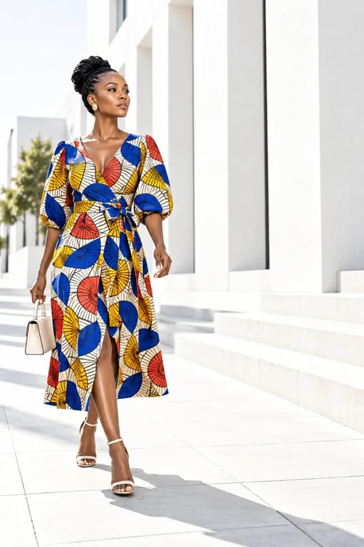 Vêtement africain pour femme en robe midi wax pour un look urbain