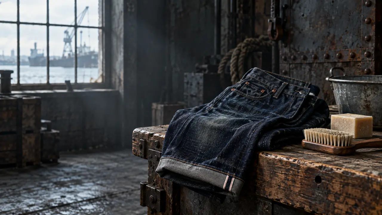 Jean en denim brut suspendu dans un intérieur lumineux