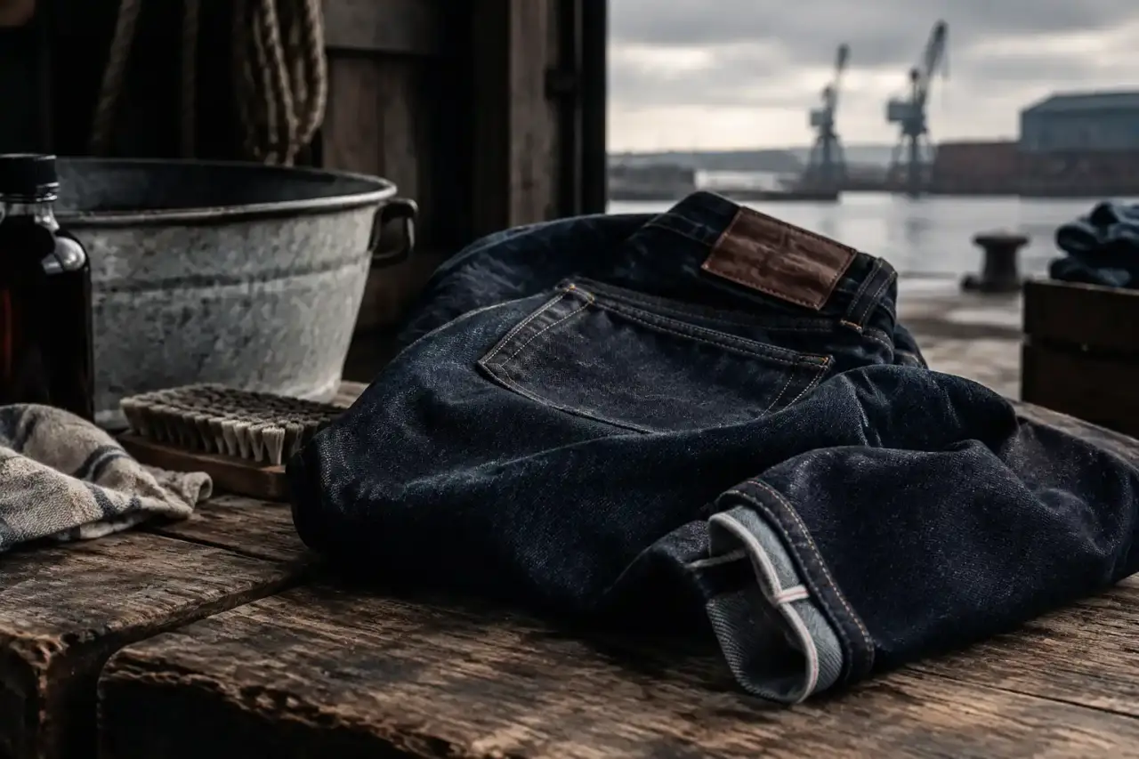 Jean en denim brut suspendu dans un intérieur lumineux
