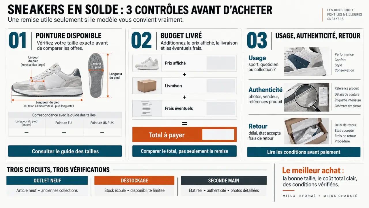 Infographie pour acheter des sneakers en solde en vérifiant la pointure, le budget et les retours