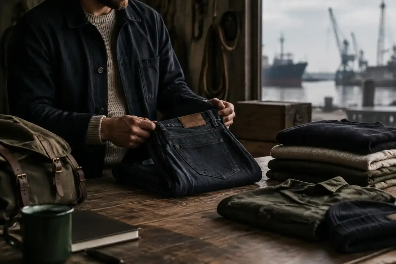 Vestiaire workwear composé de vêtements robustes dans un intérieur industriel
