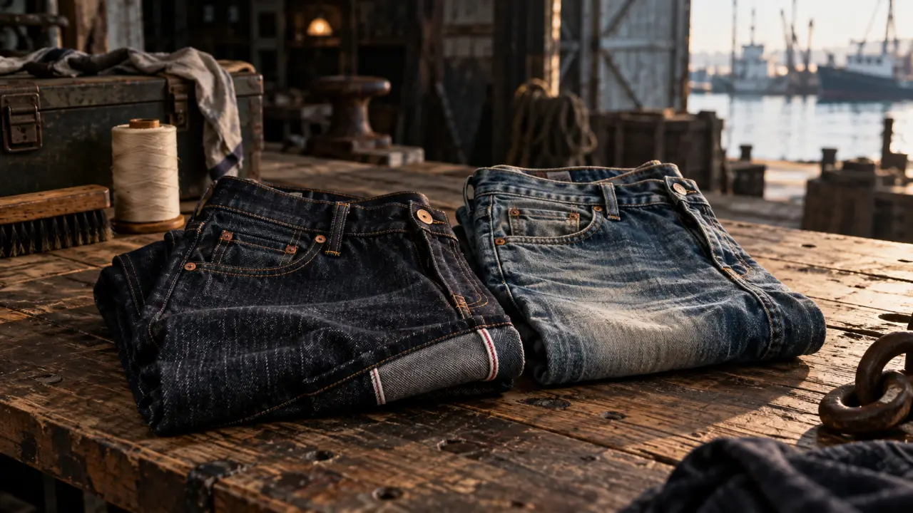 Jean en denim brut posé dans un décor industriel et maritime