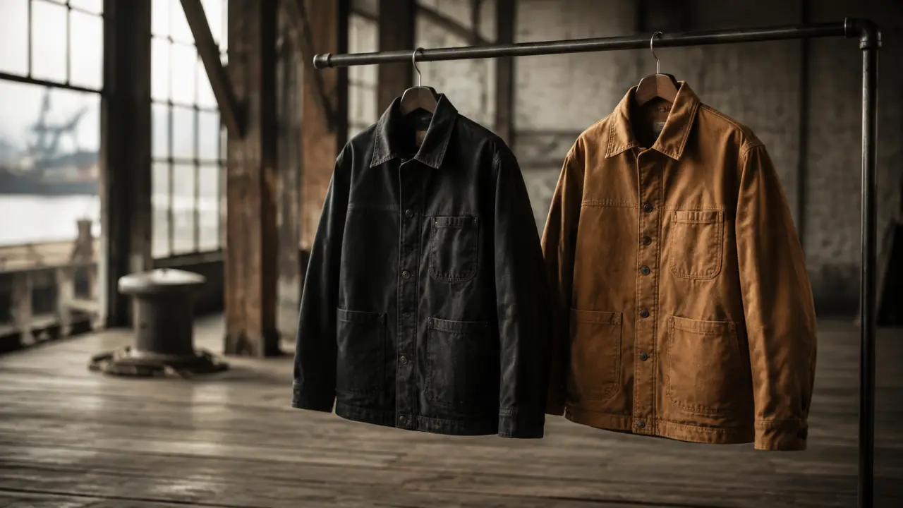 Blouson workwear en moleskine et veste en canvas dans un atelier industriel