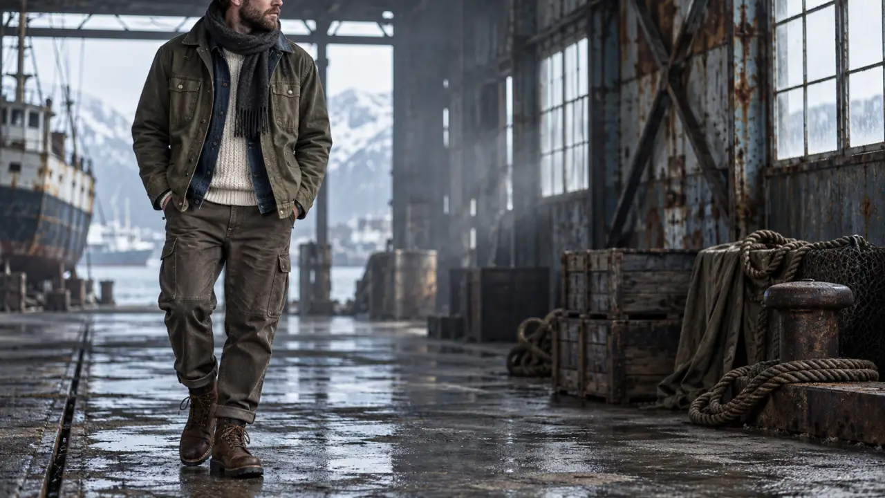 Silhouette en tenue workwear superposée devant un hangar industriel en hiver