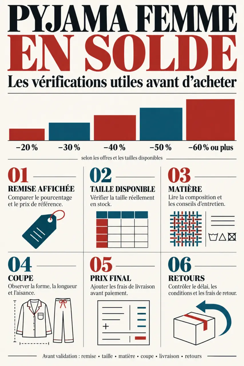 Infographie pour choisir un pyjama en solde femme selon la remise, la taille, la matière et le prix final