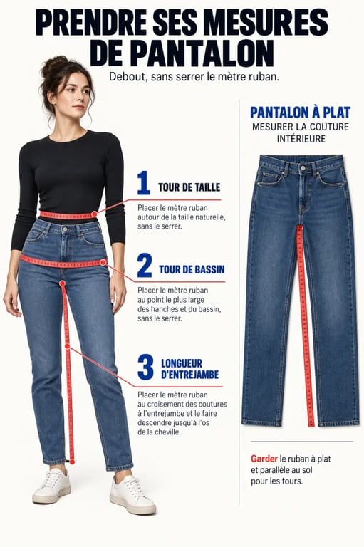 Schéma illustré des mesures pantalon : tour de taille, tour de bassin et longueur d'entrejambe