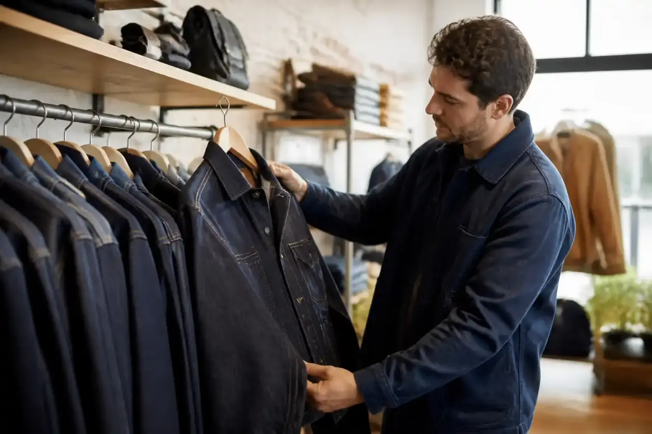 Jean en toile brute posé sur un établi industriel avec outils de travail et lumière latérale