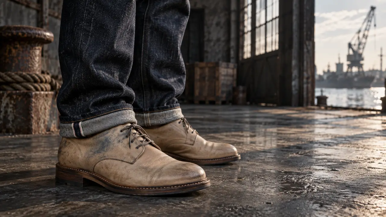 Jean en denim brut porté avec des chaussures en cuir dans un univers industriel