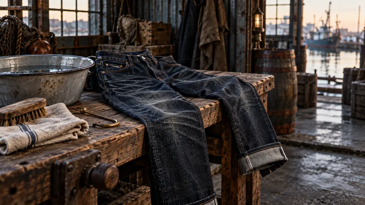 Jean en denim brut suspendu dans une salle de bain lumineuse