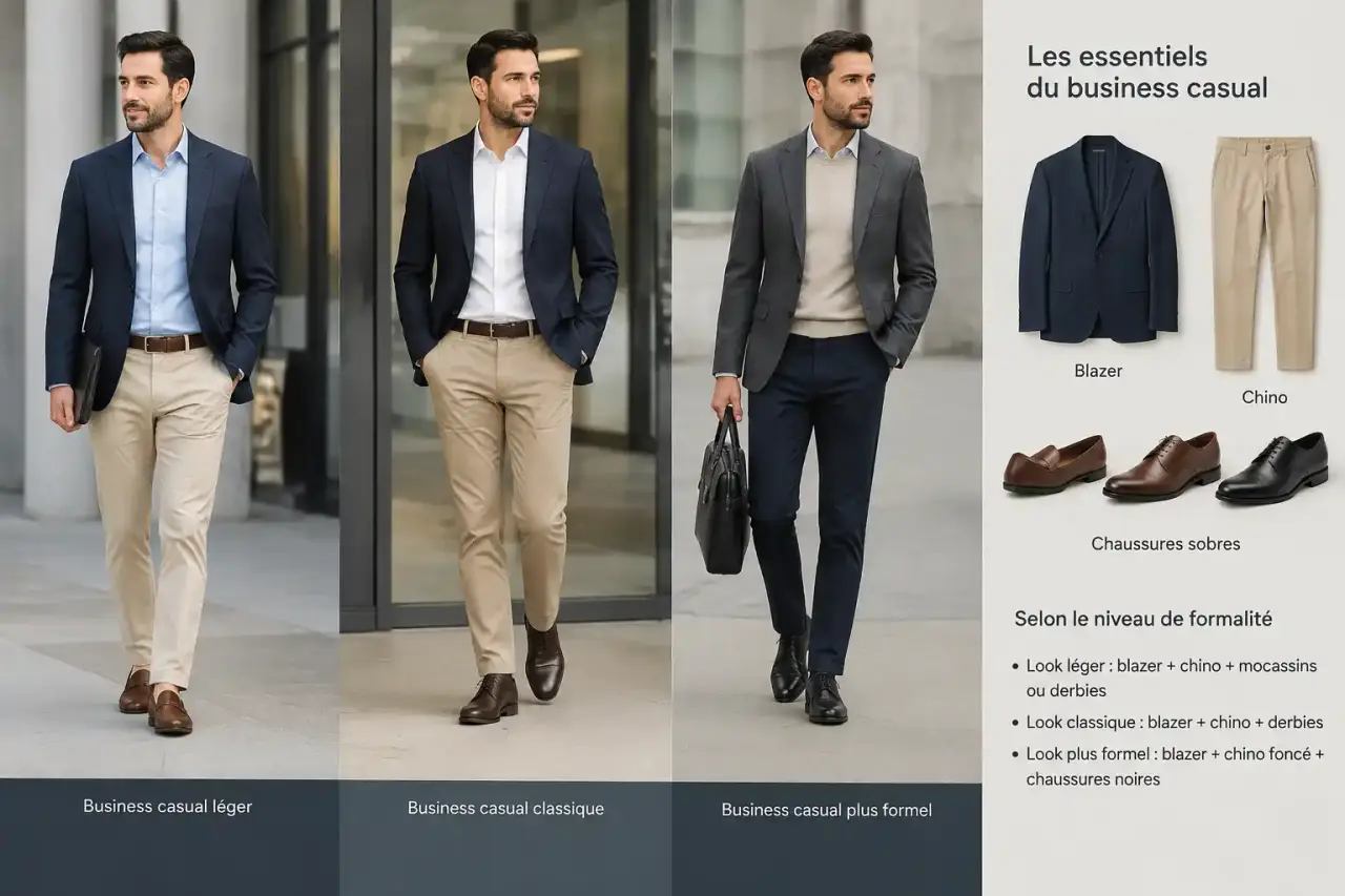 Le business casual associe blazer, chino et chaussures sobres, selon le niveau de formalité