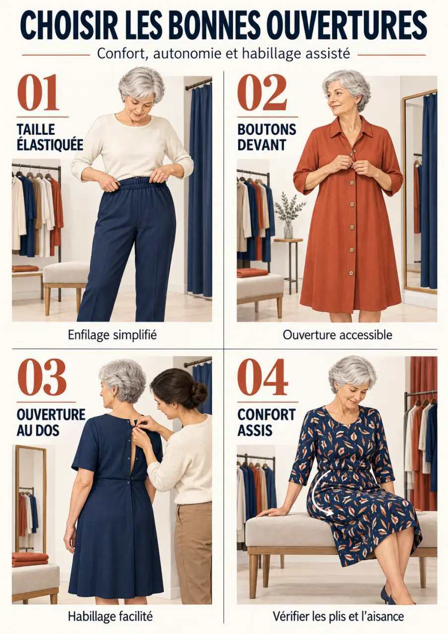 Femme dans un magasin de vêtements pour personnes âgées examinant les ouvertures et le confort des vêtements