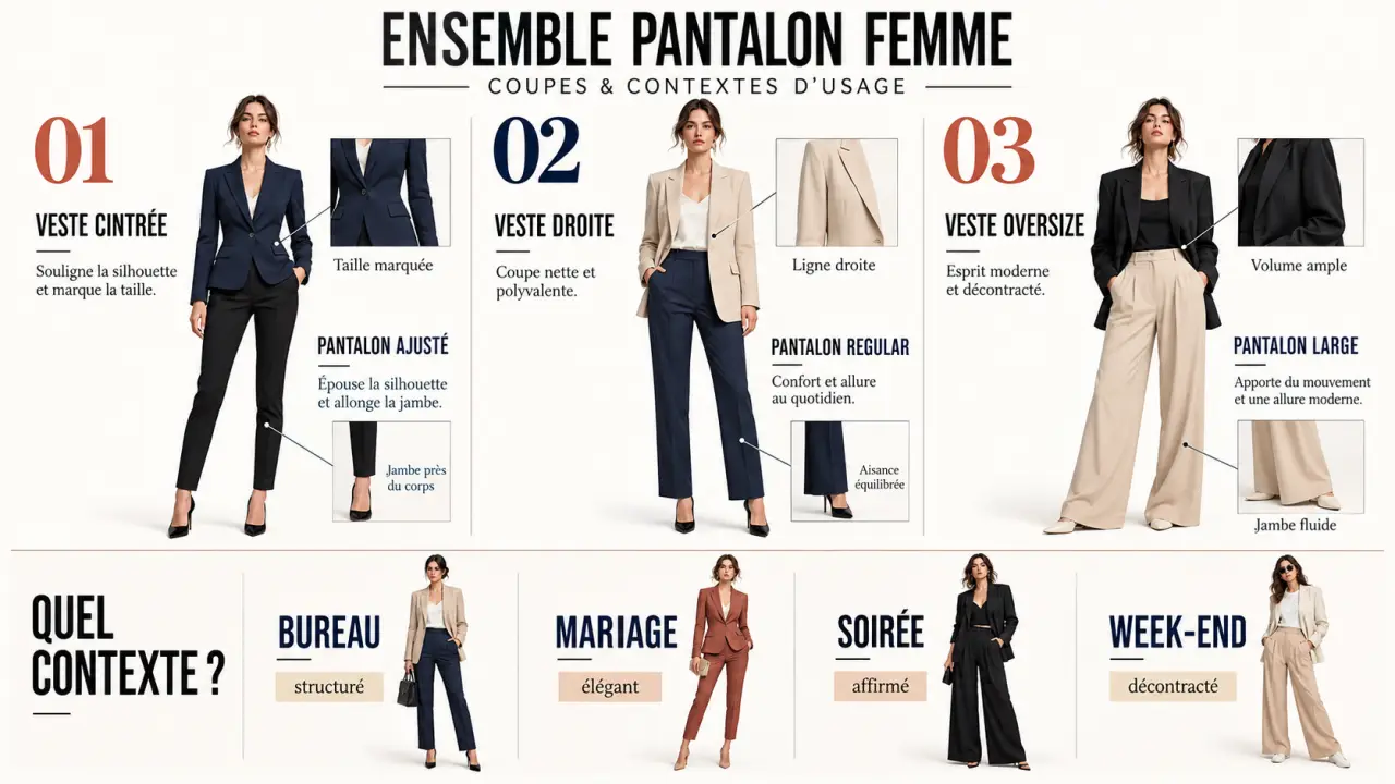 Infographie des coupes et usages d’un ensemble pantalon femme
