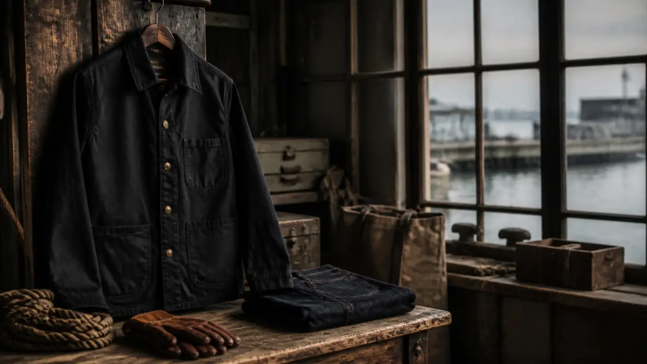 Veste de docker portée dans une ambiance industrielle et maritime