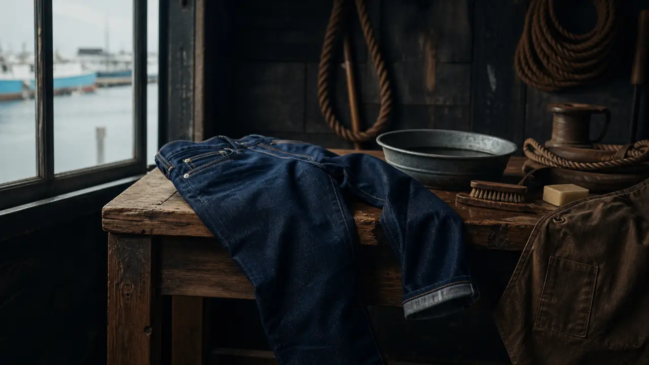 Jean en denim brut suspendu dans une salle de bain lumineuse