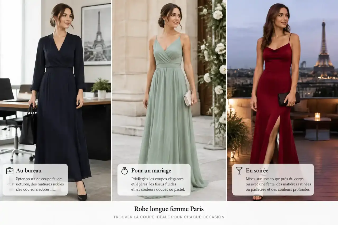 Robe longue femme Paris : choisir la bonne coupe pour le bureau, le mariage et la soirée