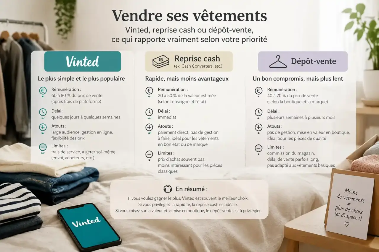 Vendre ses vêtements : Vinted, reprise cash ou dépôt-vente, ce qui rapporte vraiment selon votre priorité