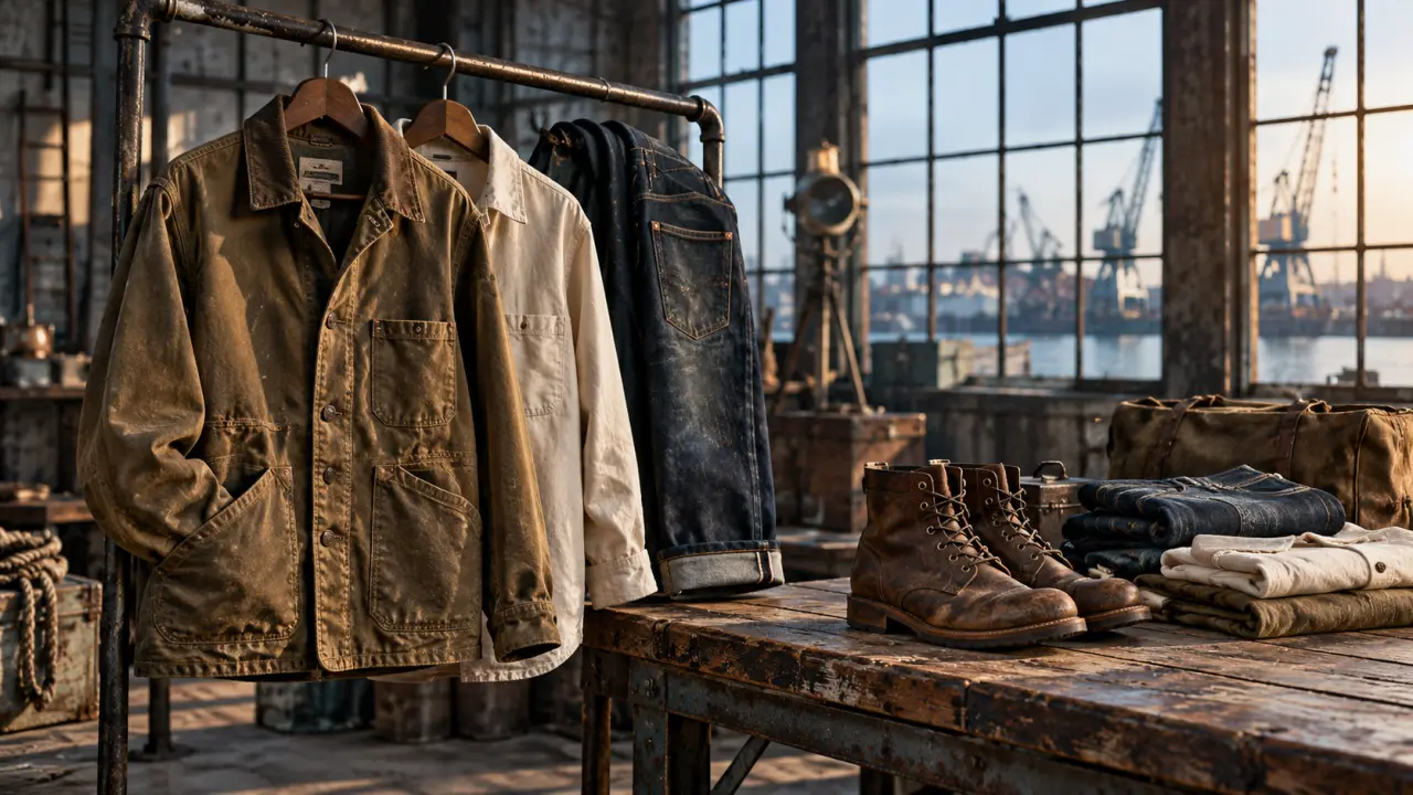 Vêtement workwear en toile patinée dans un décor industriel