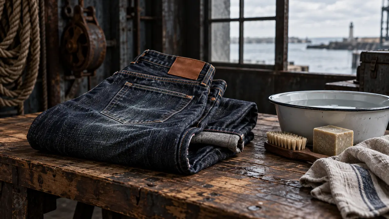 Jean en denim brut suspendu dans une pièce lumineuse