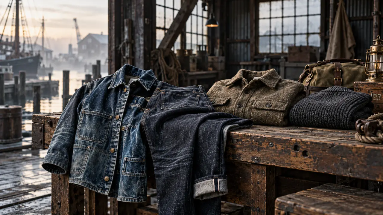 Vestiaire workwear composé de denim brut et de pièces en laine dans un hangar industriel