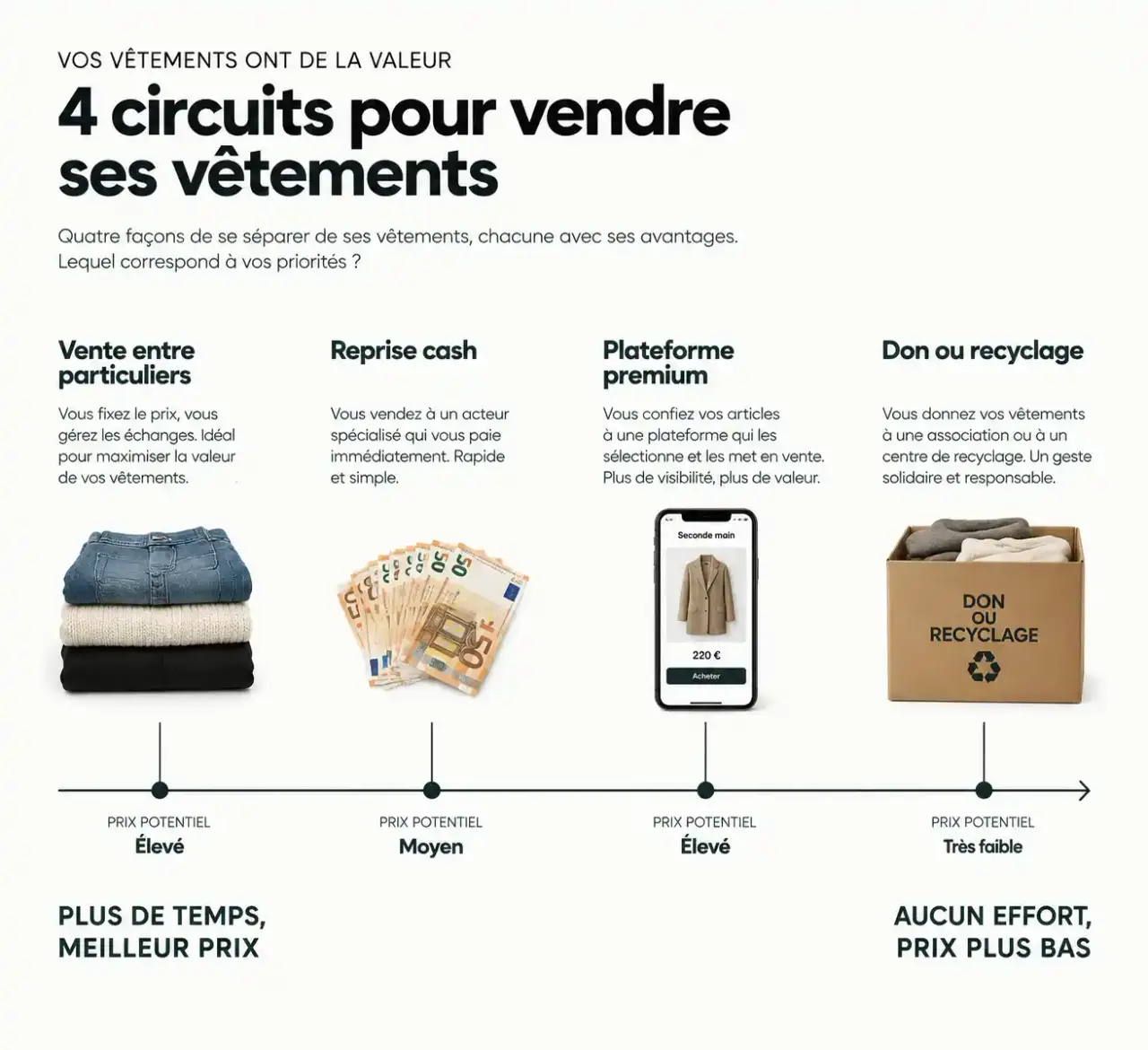 Schéma pour vendre vêtements : arbitrage entre effort et prix selon la vente entre particuliers, la reprise, la plateforme premium et le don