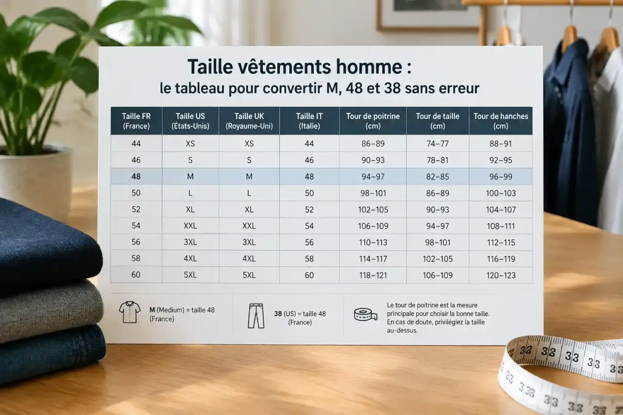 Taille vêtements homme : le tableau pour convertir M, 48 et 38 sans erreur