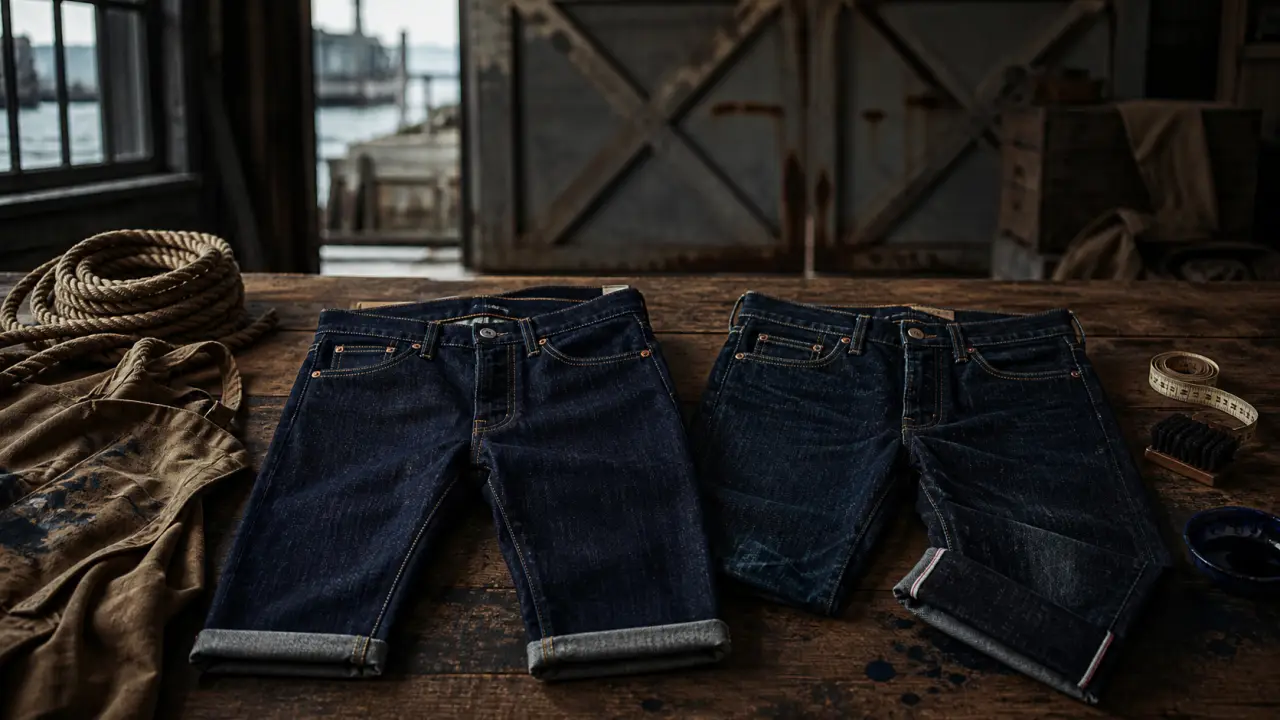 Jean en denim brut et toile selvedge dans une ambiance industrielle