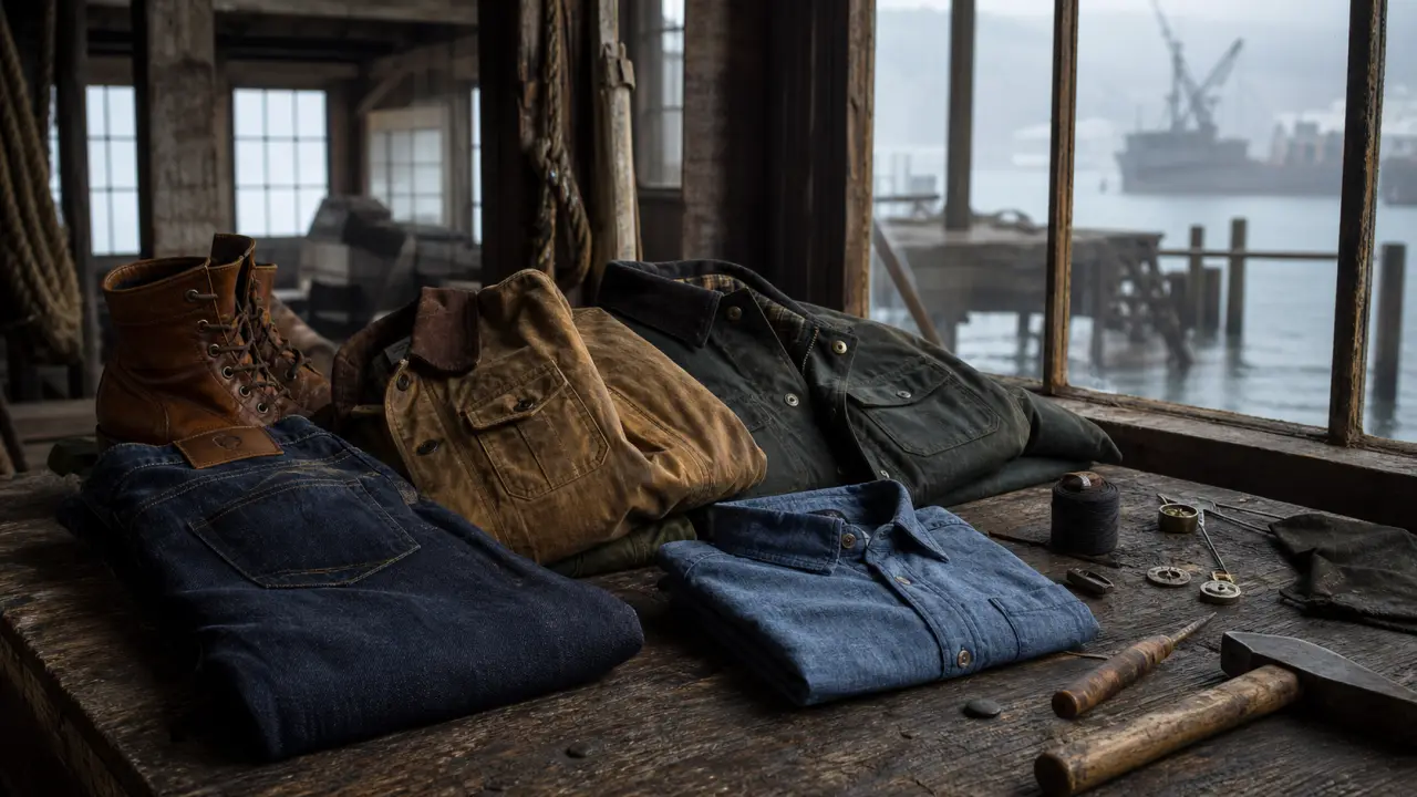 Mannequin en caban bleu marine devant un hangar industriel rénové