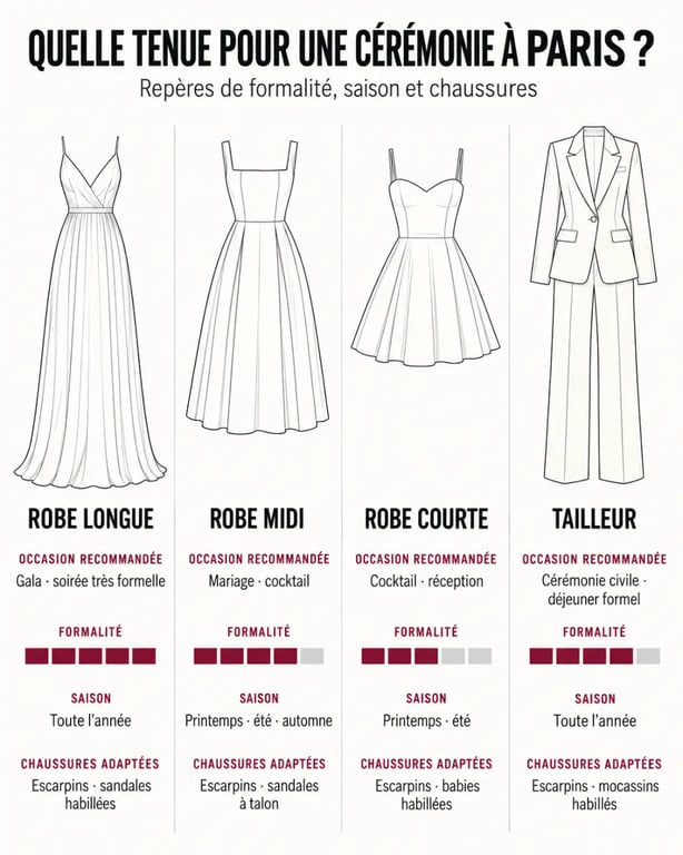 Infographie pour choisir une robe de cérémonie femme à Paris selon la longueur et l’occasion