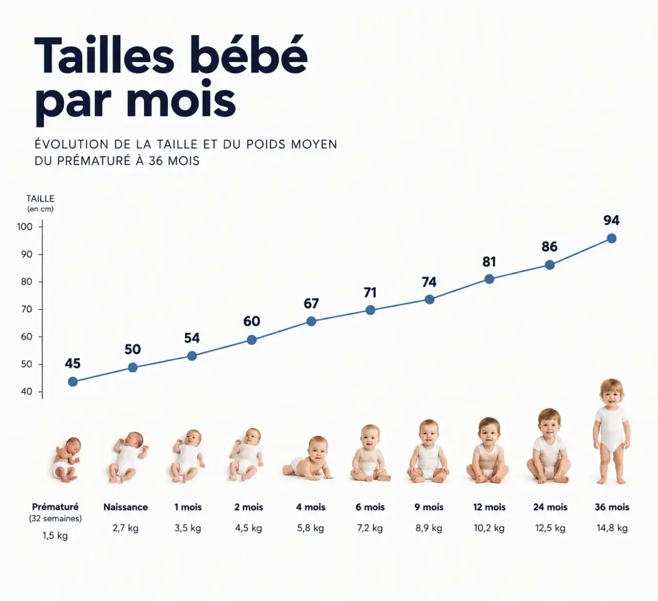 Graphique des tailles bébé par mois : stature et poids moyens de prématuré à 36 mois