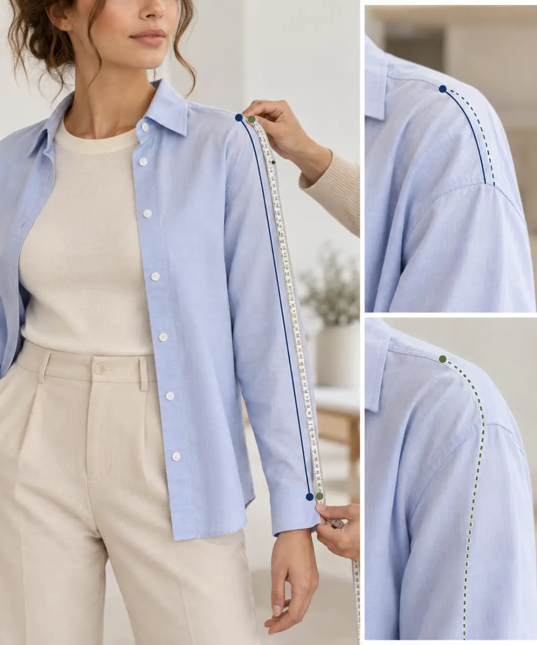 Longueur de manche : mesurez de l’épaule au poignet, avec un repère différent pour la chemise